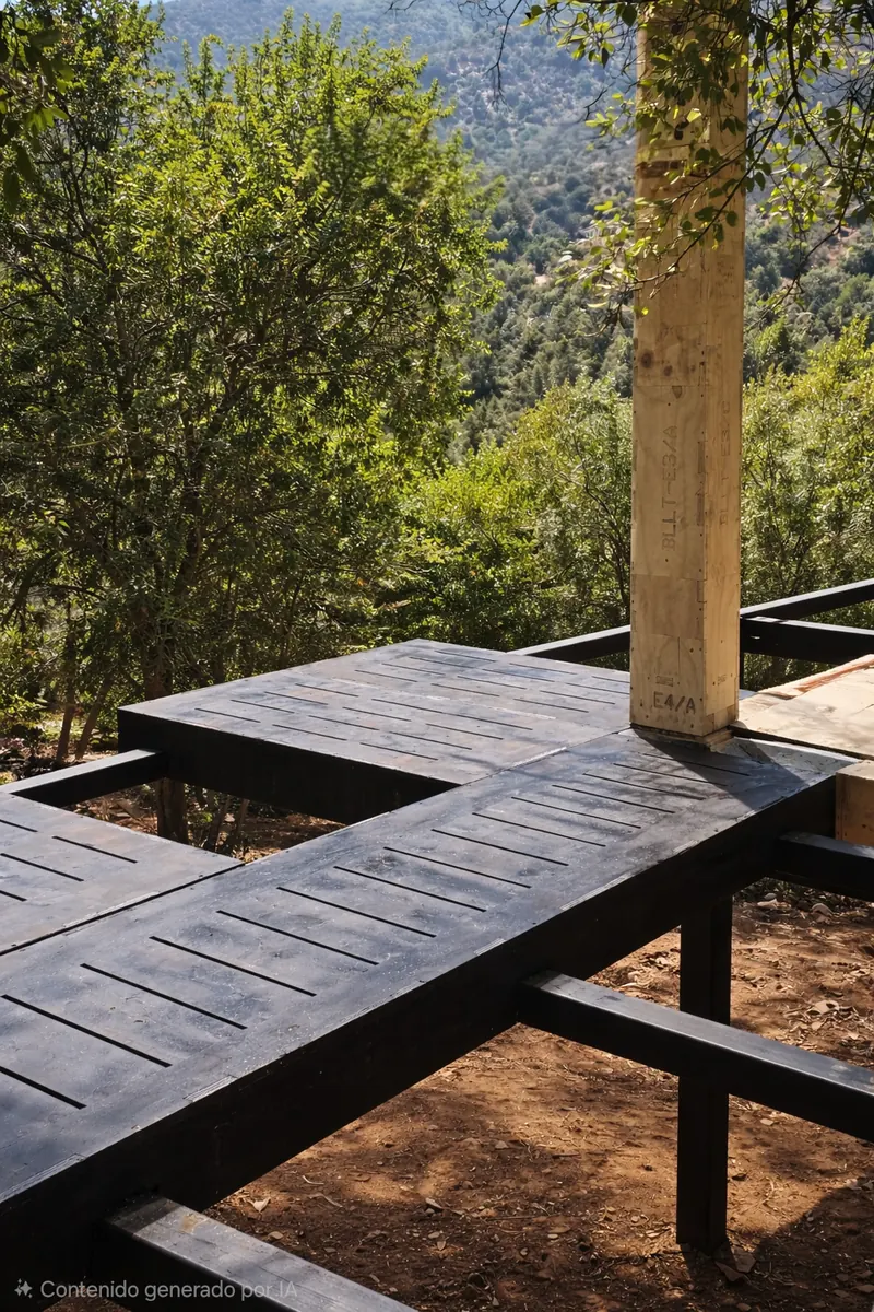 Terraza de madera y pasarela integradas al jardín